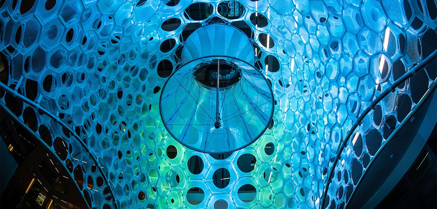 A photo looking upwards into a woven net illuminated with blue and green lights.