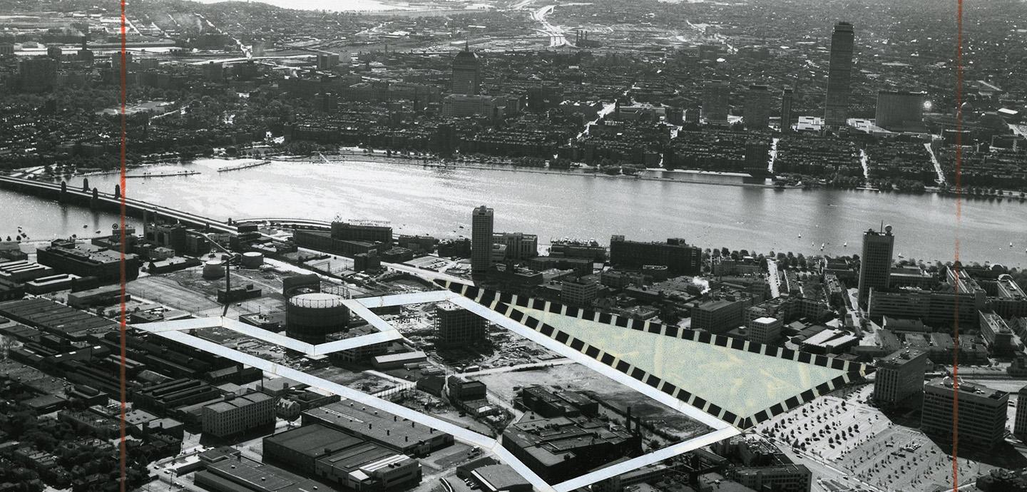 Black and white birds eye view of kendall square