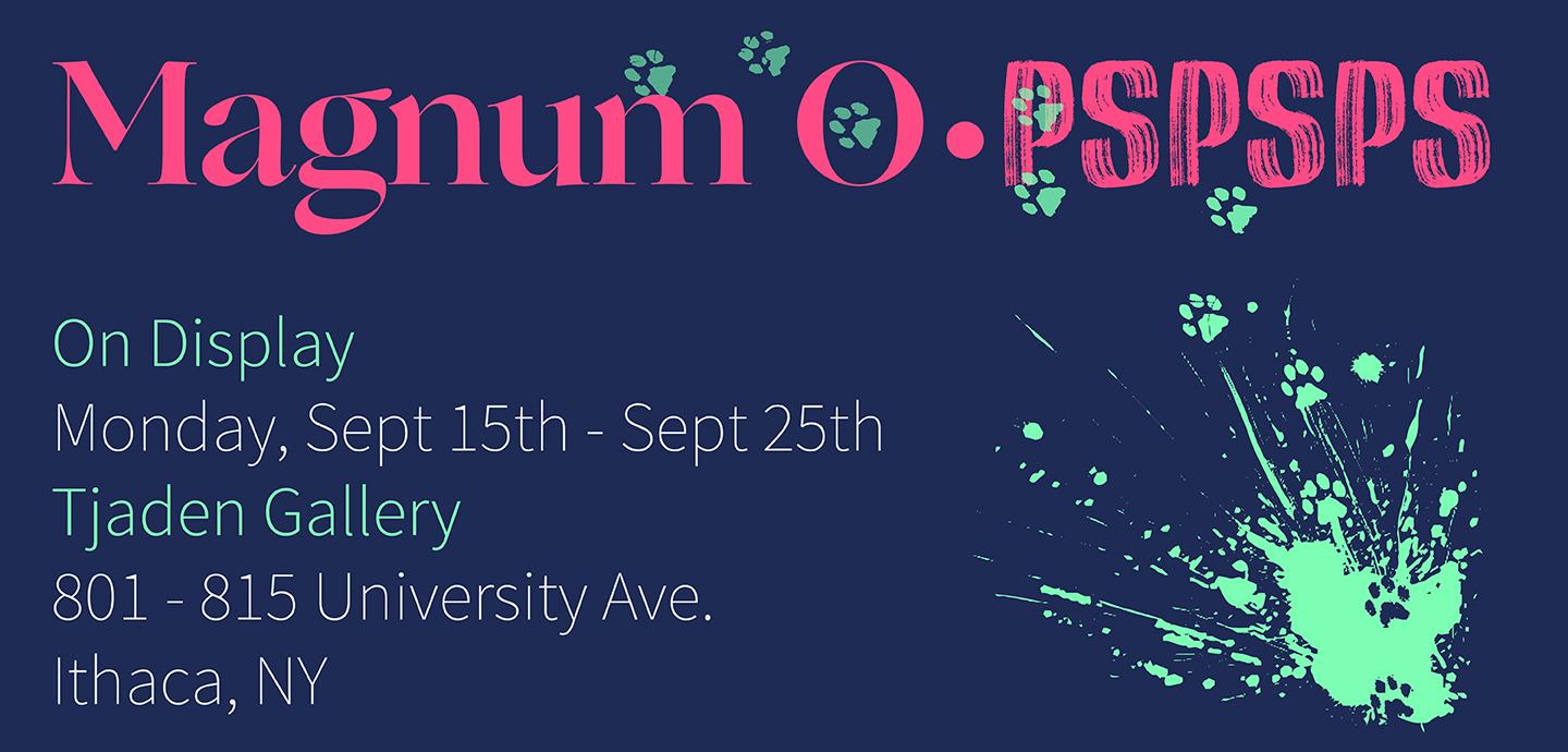 A navy blue background with the exhibition title in magenta, light green animal footprints, and the exhibition dates.