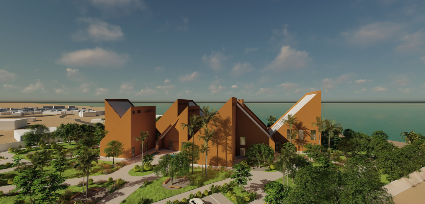 An image of a modern triangular brown building in the desert with a body of water behind it