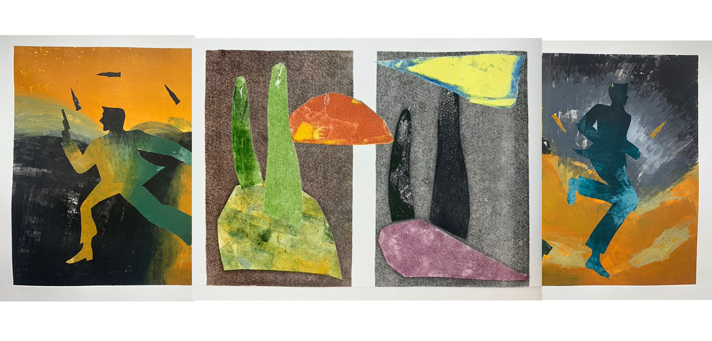 Four rectangular 2D prints hung next to each other on a cream background. The two prints on the edges are abstract James Bond-like figures, running. The middle two images are abstract art in shades of green, orange, purple, yellow, and grey. 