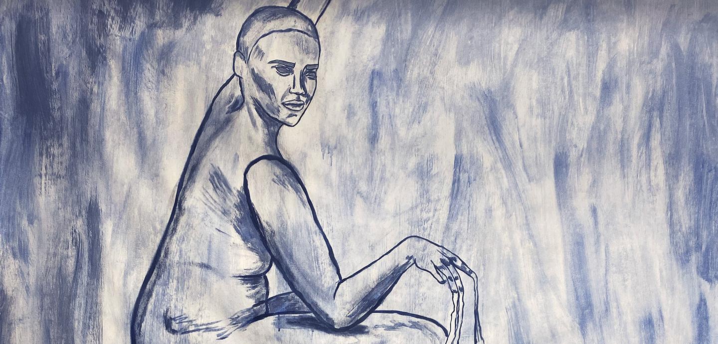 A painting of a naked person crouched on the ground, with long tendrils coming out of their fingers.