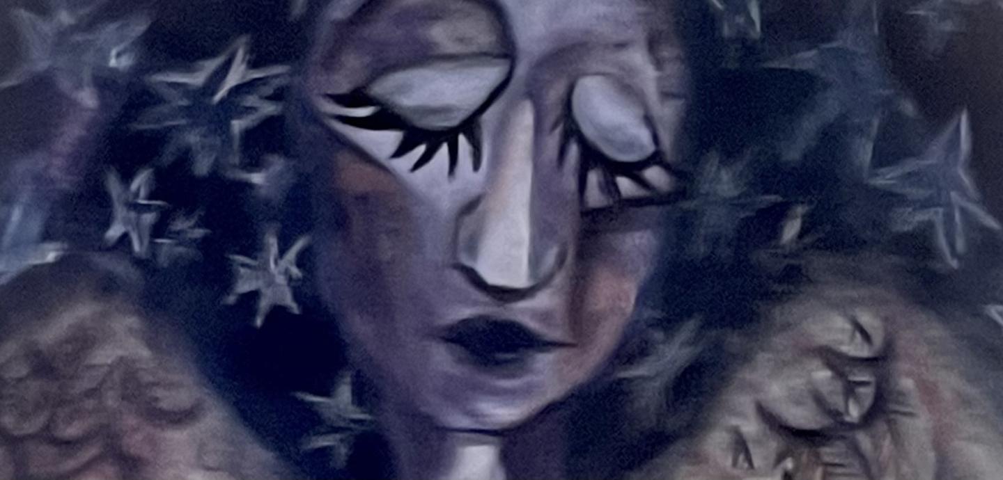 A painting of a person in shades of purple with closed eyes and long eyelashes pointed downwards, against a dark blue background with white stars. The tips of feathered wings are just visible at the bottom of the painting.