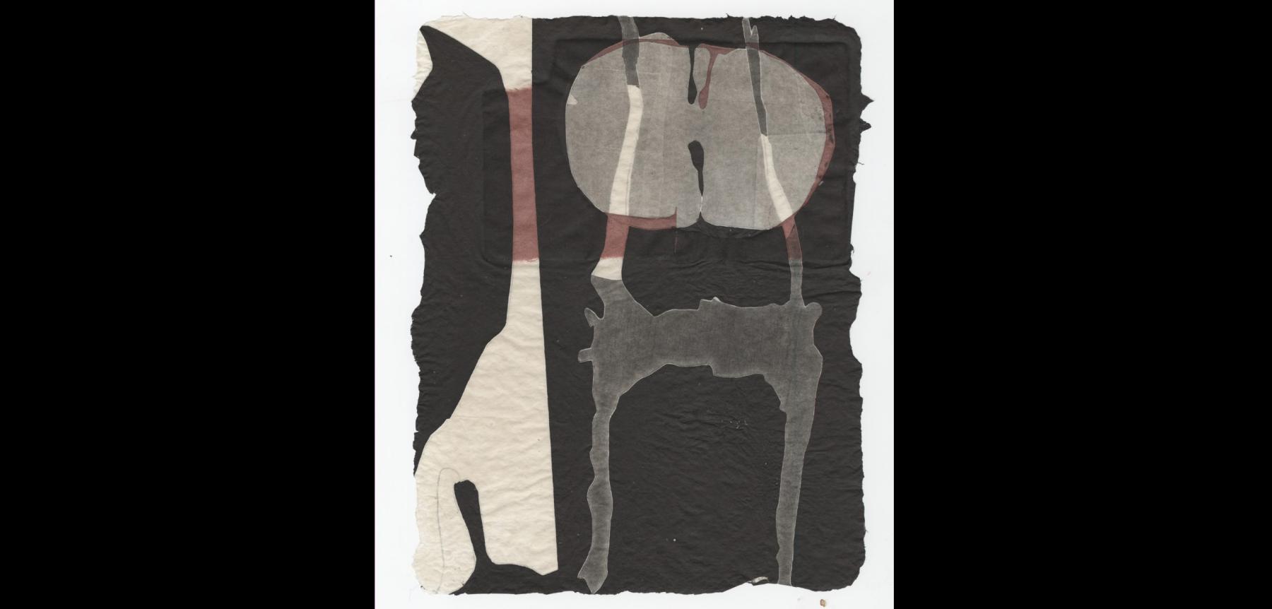 Abstract print with faded black pieces, cream colored pieces, and a small dark red portion.