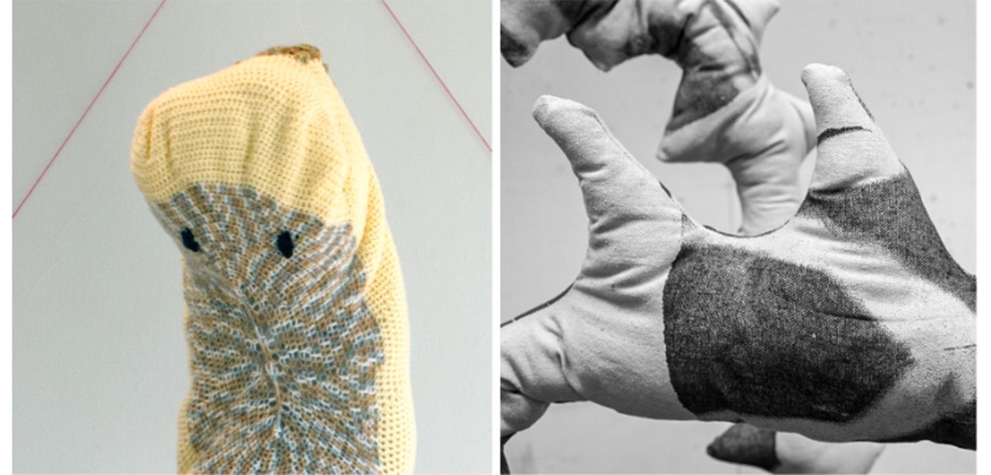 On the left, a color photo of a crocheted sculpture resembling a worm's head made from mostly pale yellow yarn and blue, brown, and grey accent yarn. On the right, a black and white photo of an abstract stuff fabric sculpture that is made from light colored fabric with dark hand-painted abstract accents.