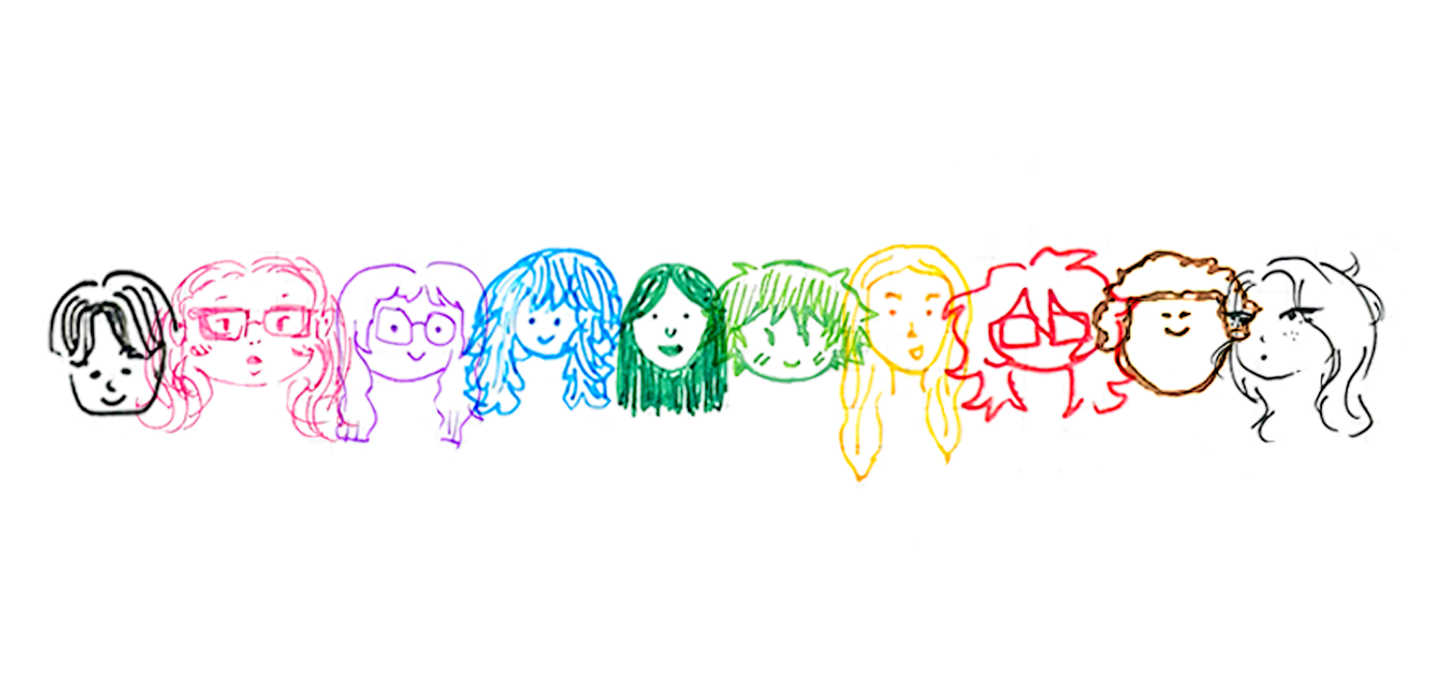 A drawing of ten heads of people, each in a different color and style.