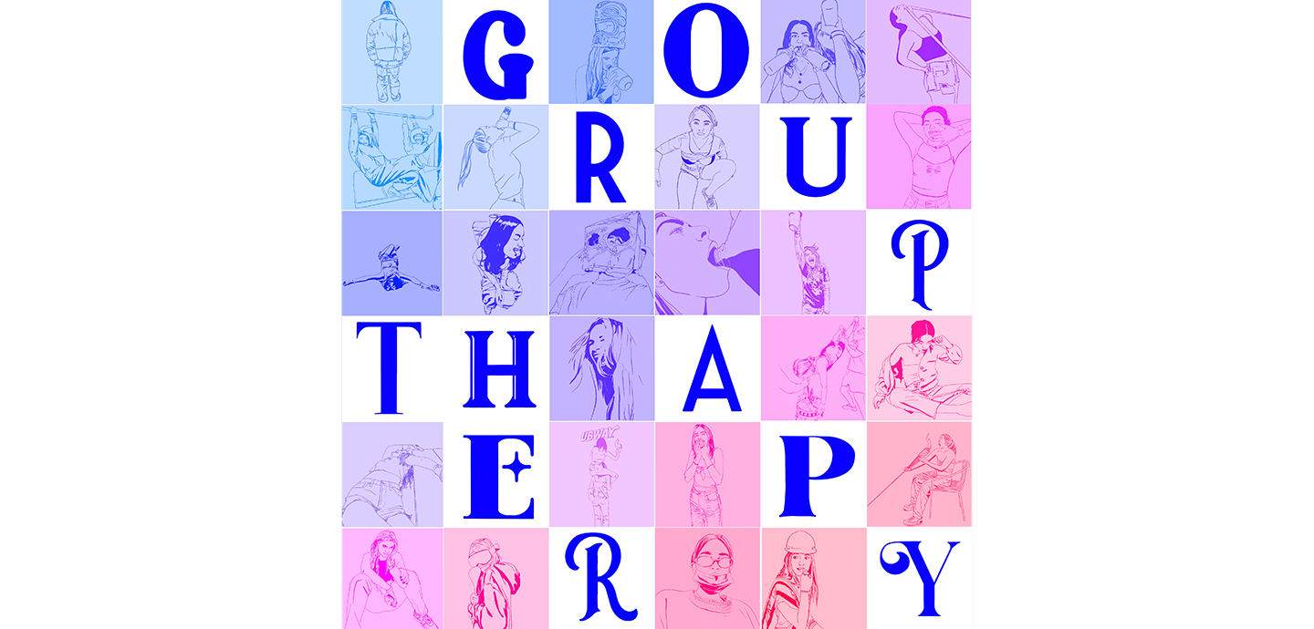 A grid of portraits of college-aged women with backgrounds in various shades of pastel pink, purple, and blue. In a checker pattern, contrasting with the portraits are white squares containing blue letters that spell out GROUP THERAPY.