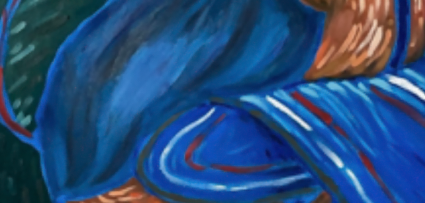 Closeup of a painting featuring swirls of blue, green, red, and tan colors.
