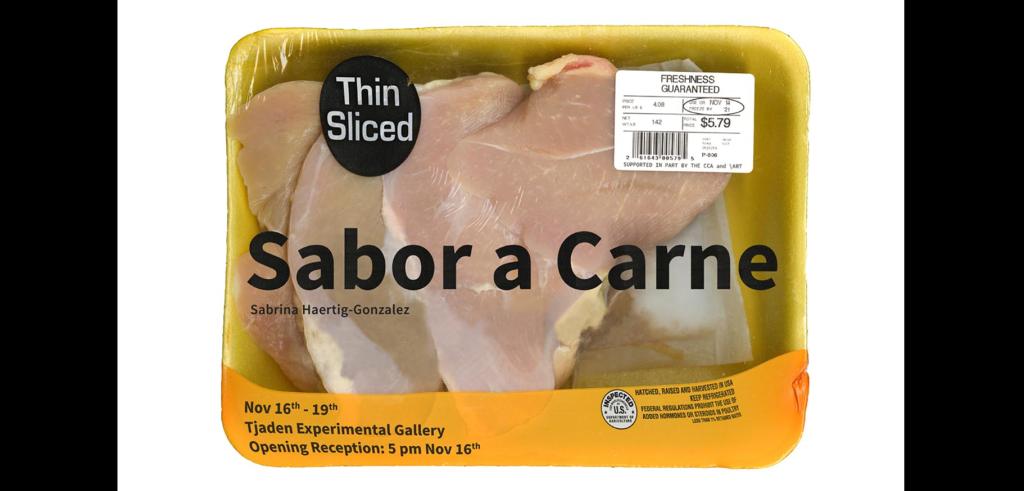 Pack of raw chicken in a bright yellow Styrofoam container with exhibition information written in place of grocery information.