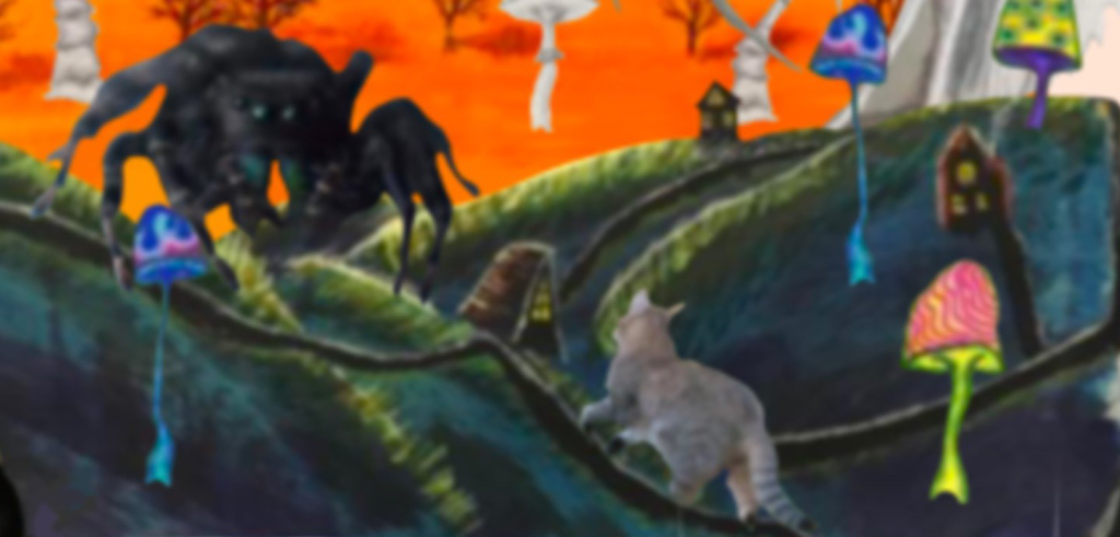 Blurry artist rendering of a hilly landscape with brightly colored mushrooms, three small houses, a cat, and a spider-like monster approaching from an orange background.