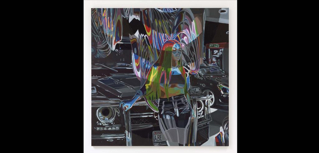 Painting of a woman standing in front of a car, mostly in black and white, with bright colors added sporadically across painting.