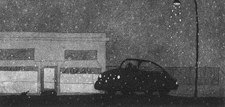 Black and white print of a car parked next to a store while it is dark and rainy.
