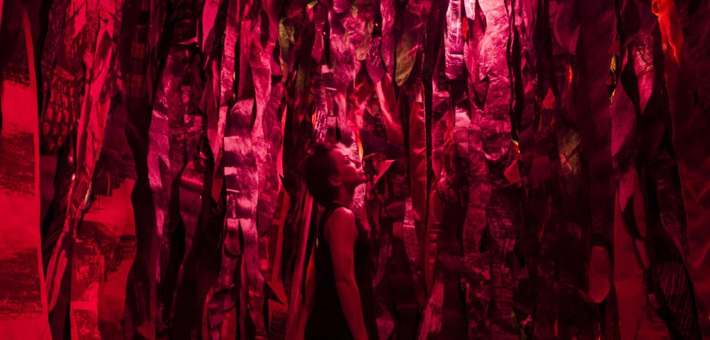 Person surrounded by red streamers.