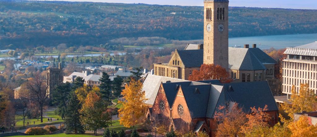 Cornell Clock Tower surrounded by buildings and trees.