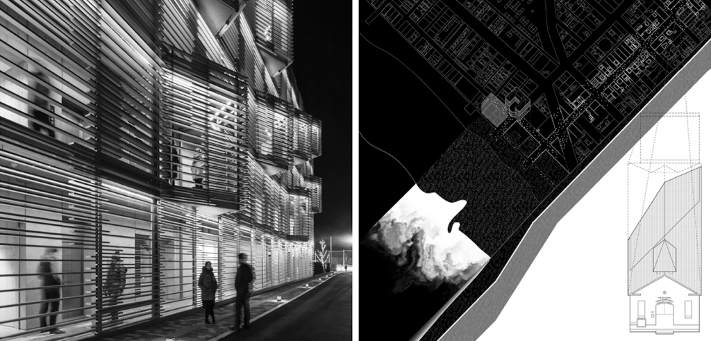Two black and white images placed side by side, the left depicting a modern architectural structure in the evening, the right depicting a digital rendering of the building and its site location.