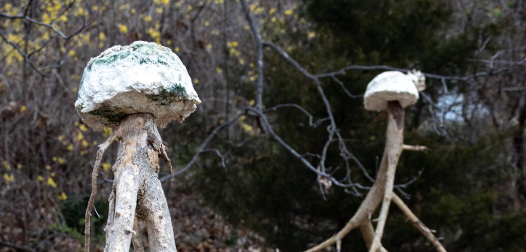 Color photo of two wood and mycelium sculptures. The wood resembles the stem of a mushroom and the mycelium mass resembles the cap of a mushroom. 