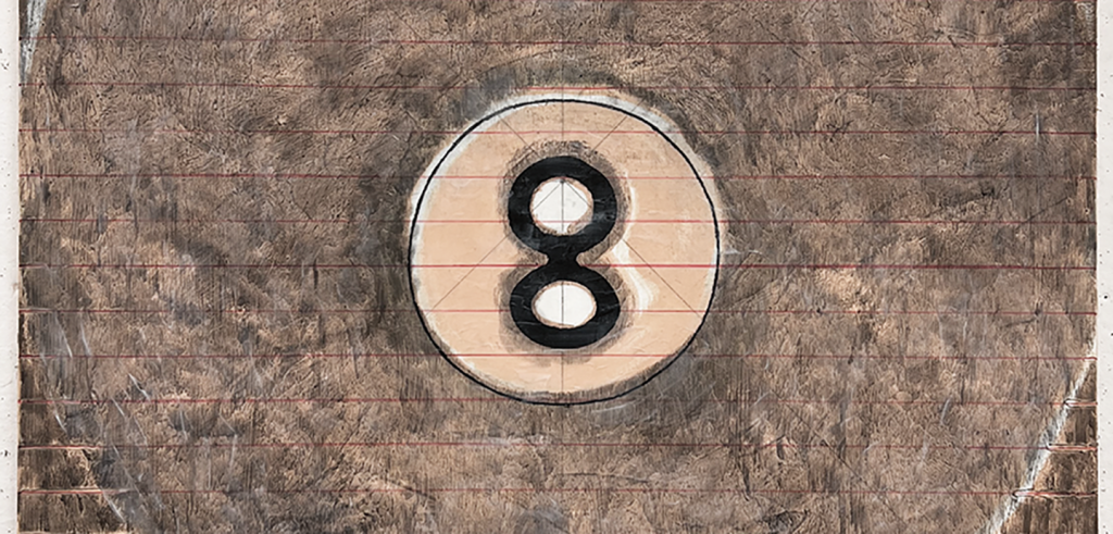 Drawing of a pool table's 8 ball, a white circle with a black number 8 inside it. 