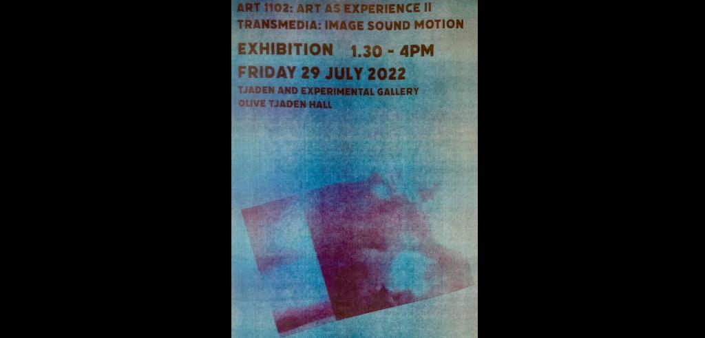 Poster for ART 1102 with a grainy faded blue image of two film squares overlapping.