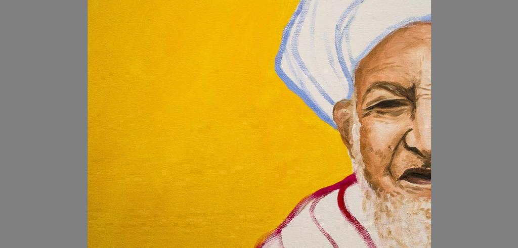 Painting of half of a man with a white beard wearing a red and white robe with a white and blue turban against a yellow background.