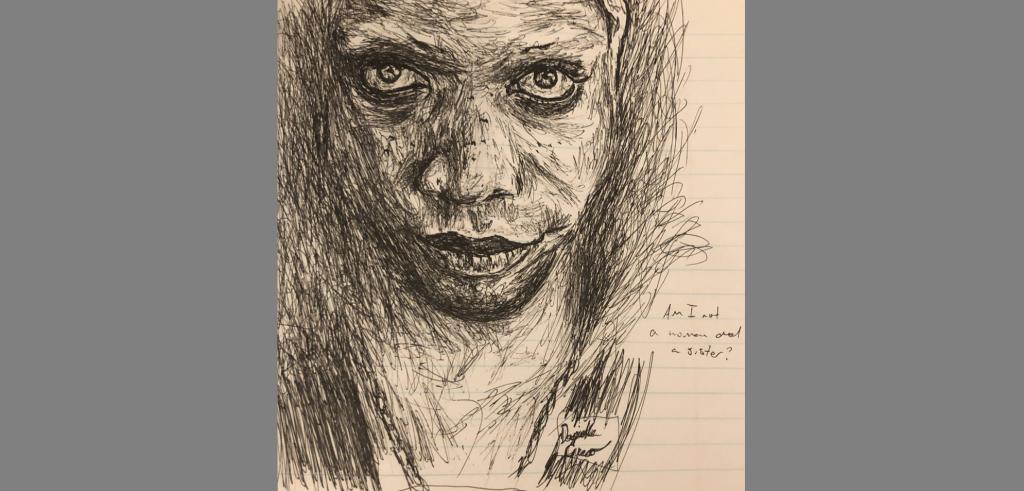 Ink drawing of a woman looking at the viewer on tan lined paper.