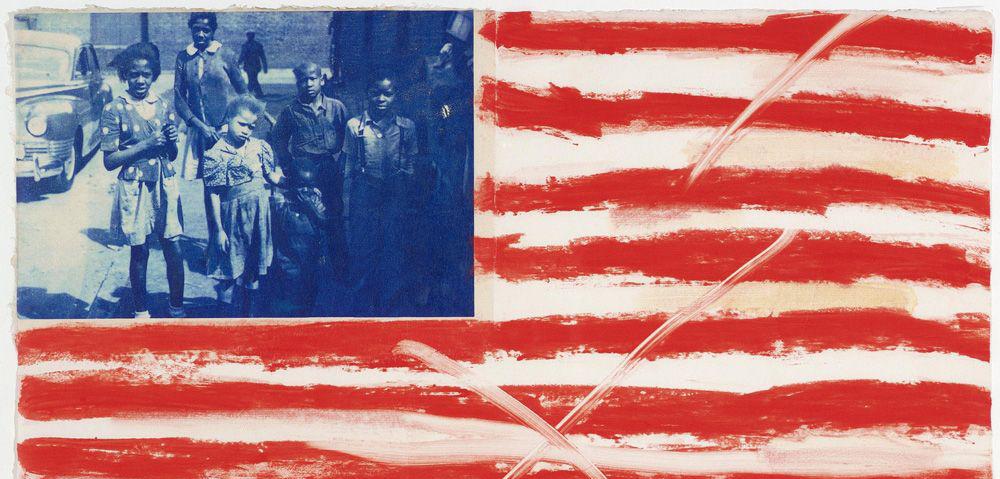image of American flag with African-American children in blue