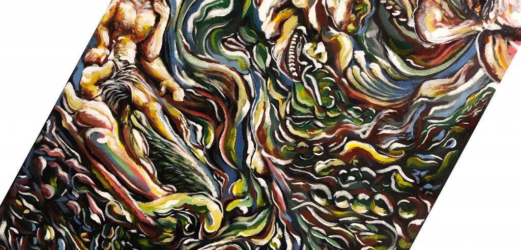 Abstract painting of different swirls of green yellow, red, blue, white with human figures mixed in.