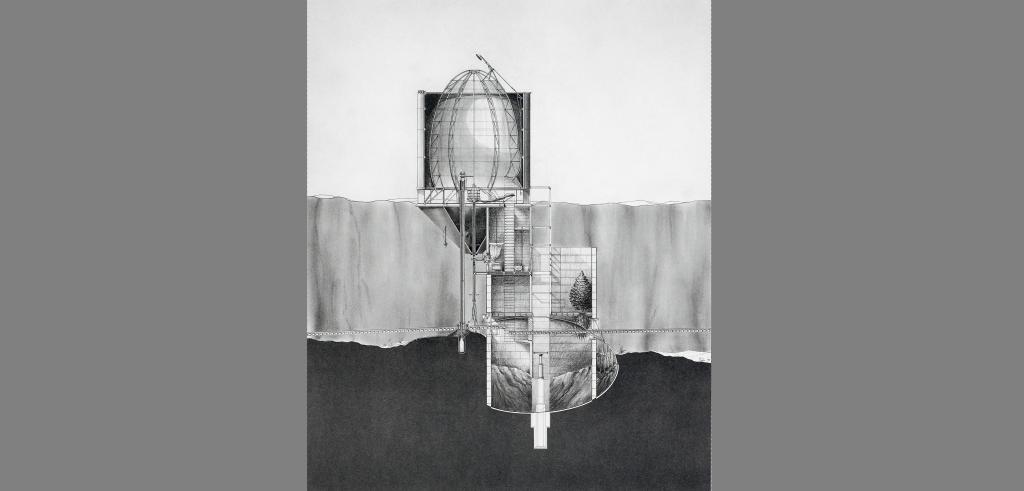cut-out view of a containment structure above ground and mirrored below ground