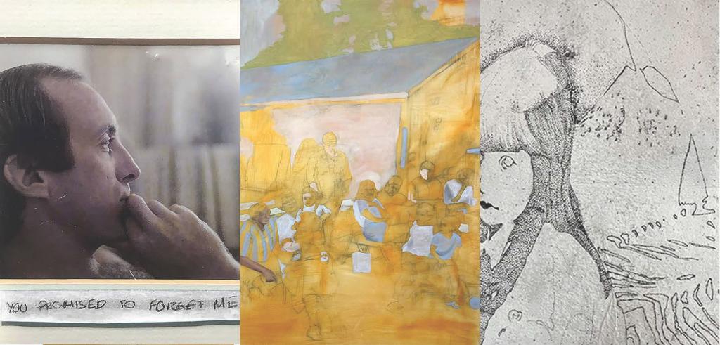 Three images next to one another: left is of a man's profile, middle is a yellow painting of a house with people, and right is a black and white drawing of a person.