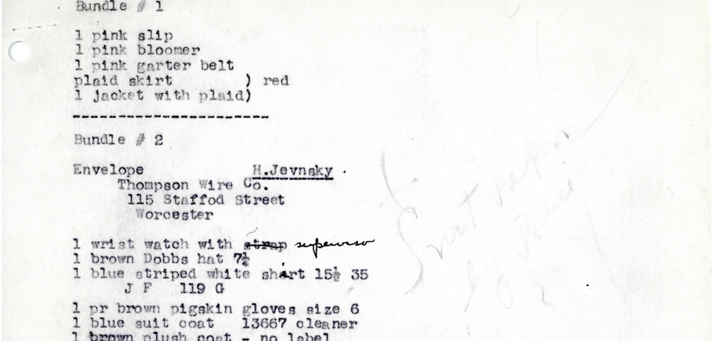 A scanned page of typewriter text, indexing items of clothing under the titles Bundle 1and Bundle 2.