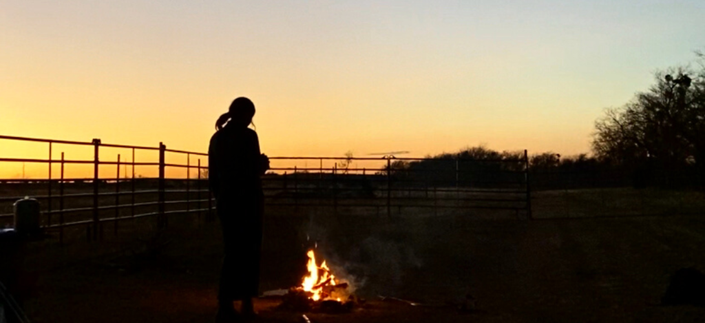 The silhouette of a person with a ponytail stands against the background of a bright yellow sky, farm fencing, and a bonfire is lit at their feet. 