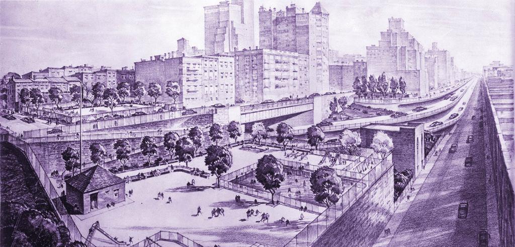 Drawing of New York City highway with ramps beside a playground and tall buildings.