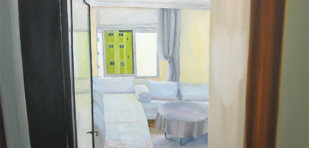 Oil painting of the view of a room from outside the doorway. The room is filled with a white sectional couch, short table with white tablecloth, white drapes on the windows, and pale yellow walls. 