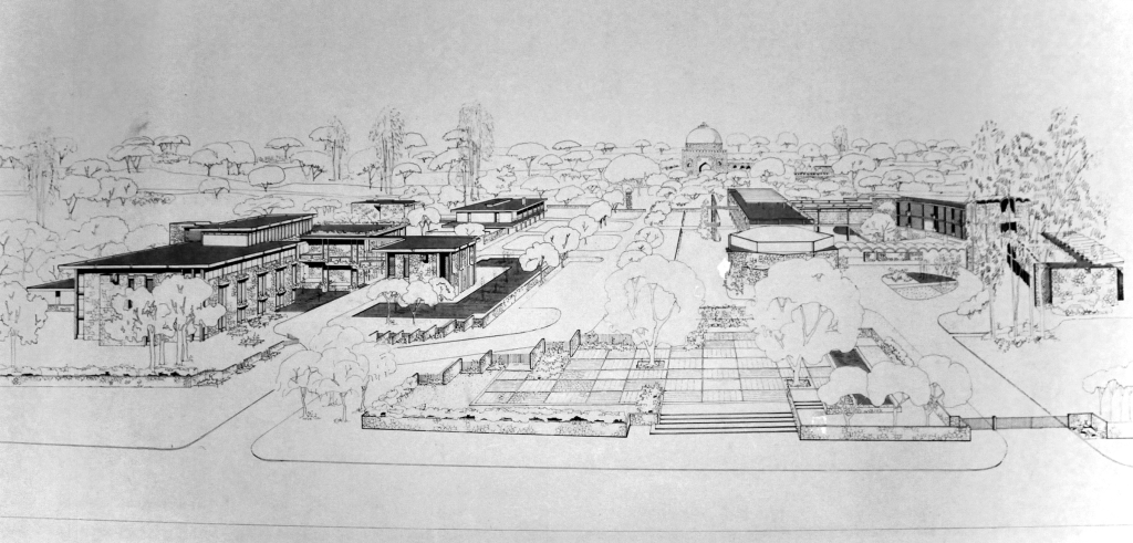 Black and white drawing of multiple buildings in India with gardens in the background.