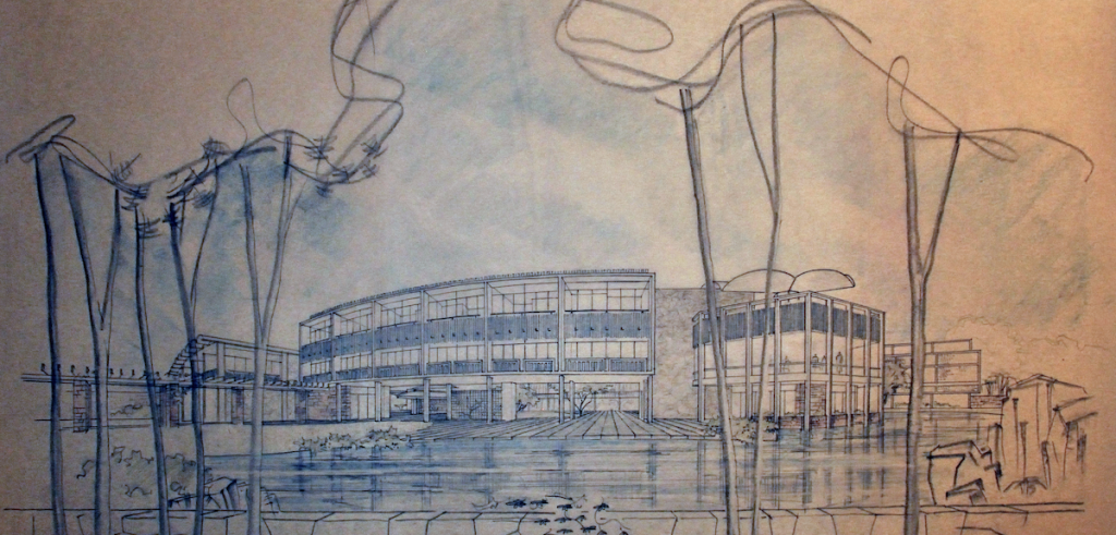 Drawing of India International Centre building with trees in front. Drawings are in black with blue embellishments.
