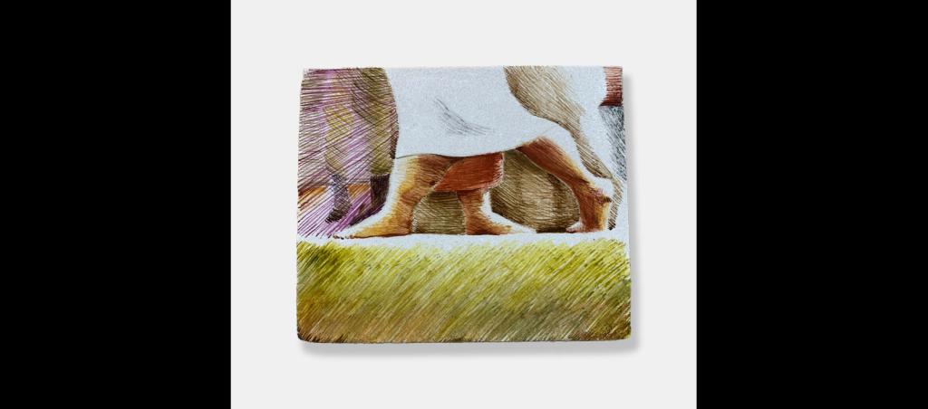 Pen drawing of figures walking on the ground focused on their legs and feet.