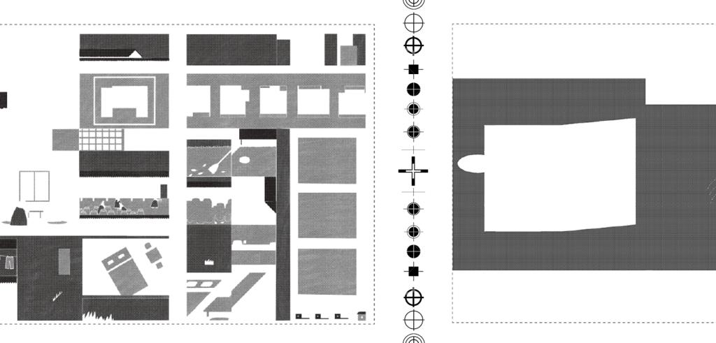 Black, white, and grey digital rendering of an architectural model. 