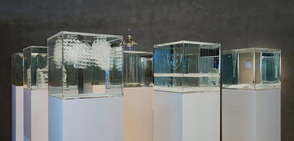  Translucent boxes atop a series of white pedestals