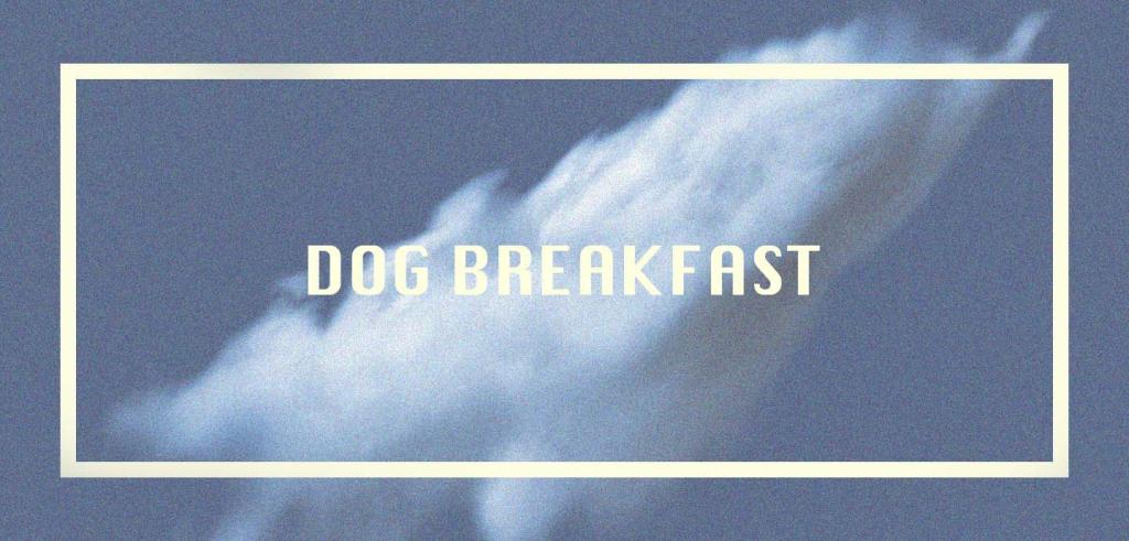 Grainy blue background with a cream colored frame and the words DOG BREAKFAST over a white cloud.
