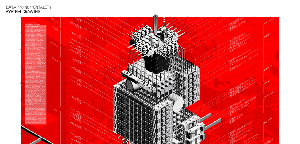 Illustration of a black and white data center on a red background with text