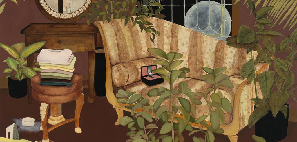 Oil painting of a sitting room with plants, a couch, and a stool with laundry on it