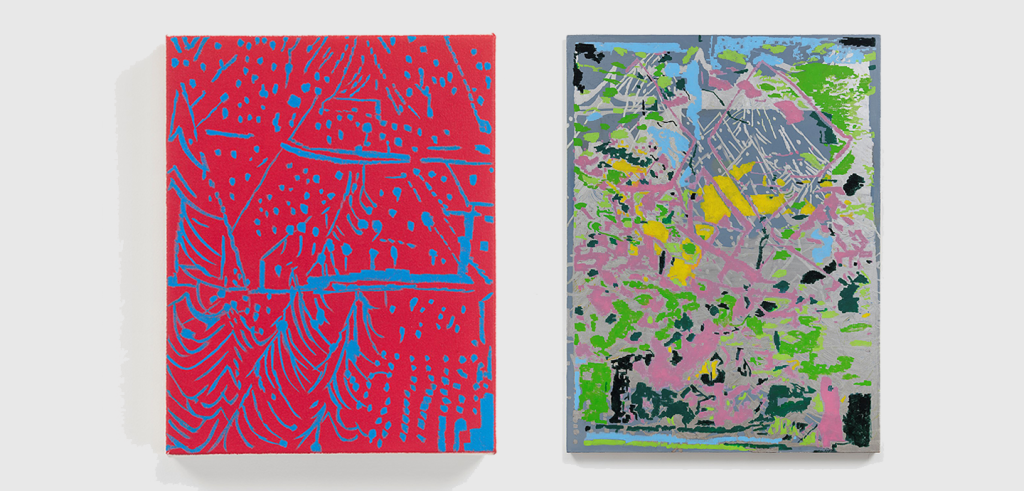 Left: a painting with a red background and blue abstract shapes. Right: a painting with a grey background and green, navy, and orange abstract shapes. 