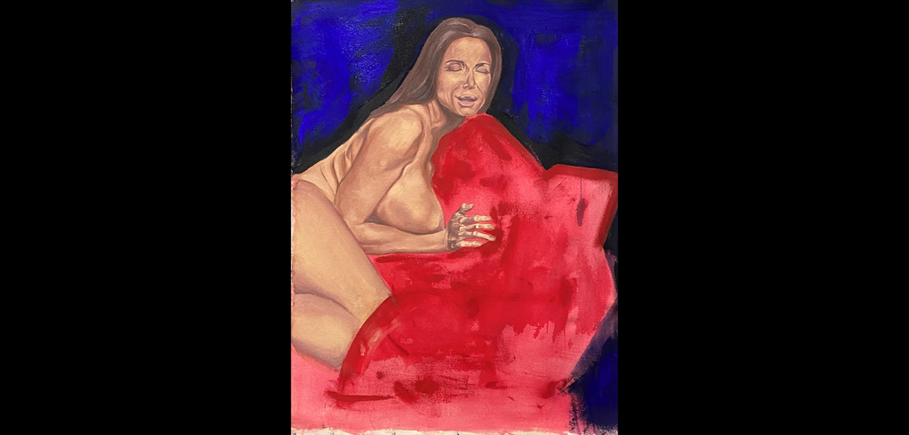 A naked woman with medium skin and light, long brown hair crouches over a red abstract mass with a blue and black background. 