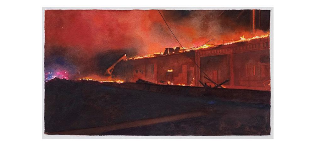 red and orange watercolor painting of a burning building