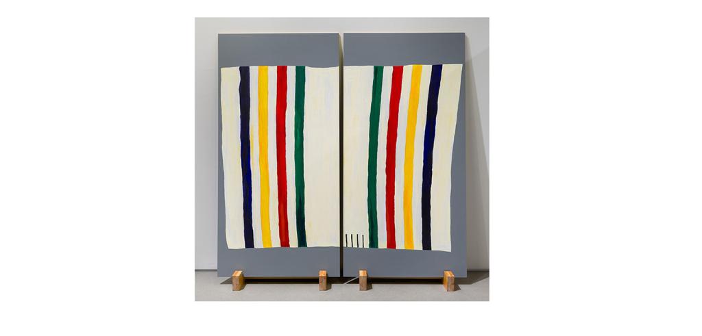 Two panel painting with grey backgrounds featuring a cream colored rectangle with blue, yellow, red, and green vertical lines.