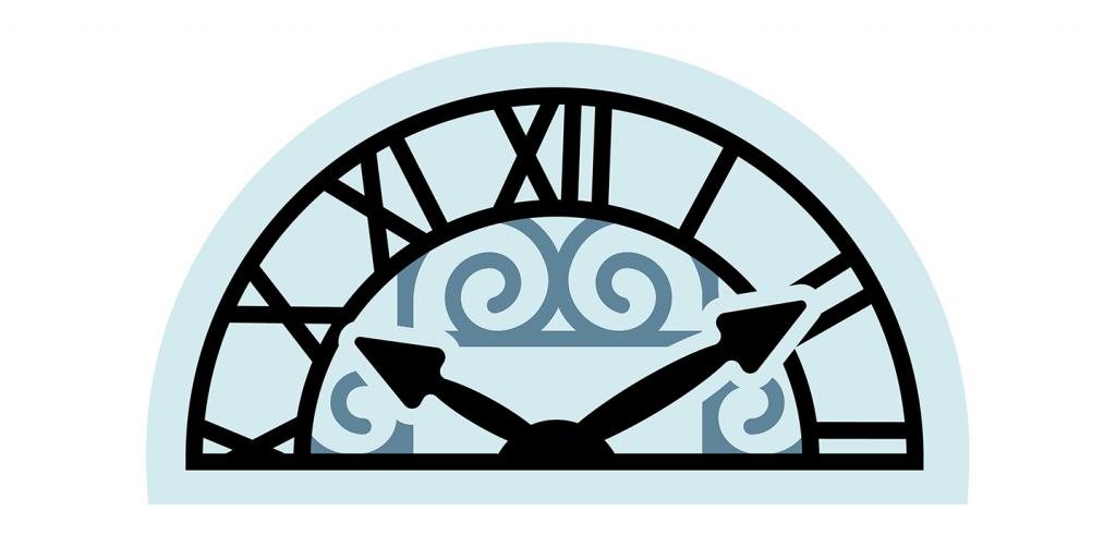 The upper half of a graphic ornate clock face