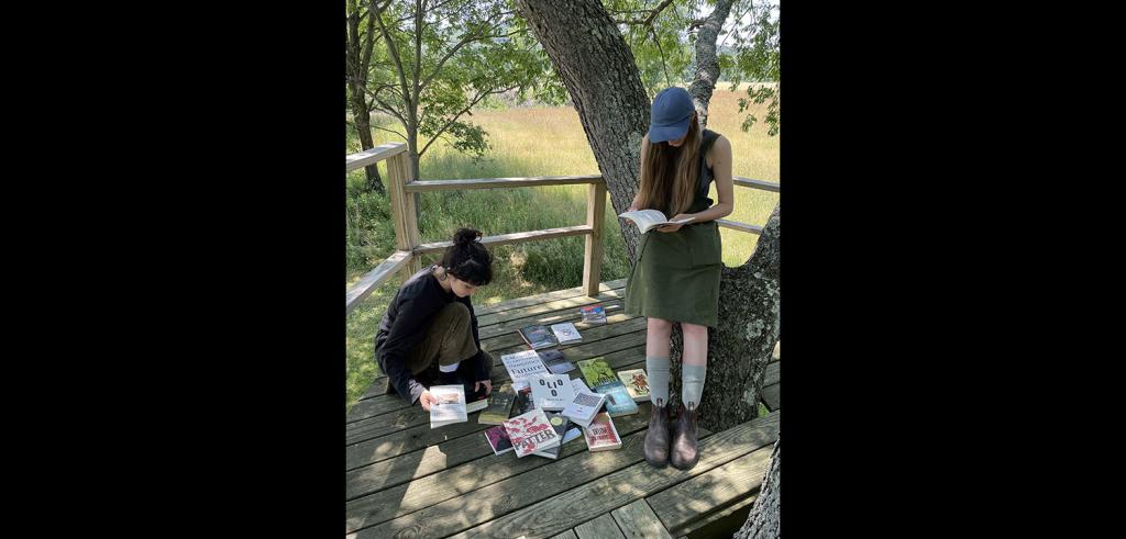 Two women, one standing the other kneeling, examining various books on the ground while in a tree porch.