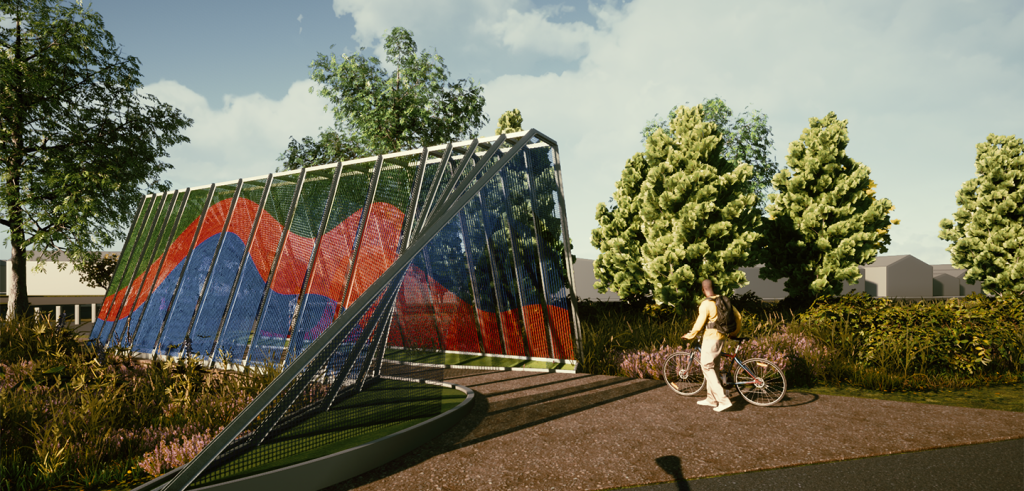 a man walking with a bicycle in front of a colorful bridge structure