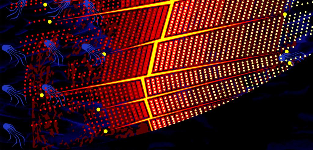 red, yellow, and blue abstract lines and dots on a black background.