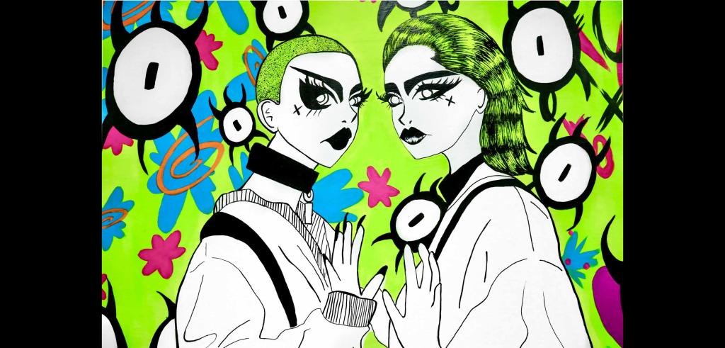 two people with black makeup and bright green hair wearing baggy clothes with their hand up to viewer against a bright green background with cartoon eyes and abstract shapes.