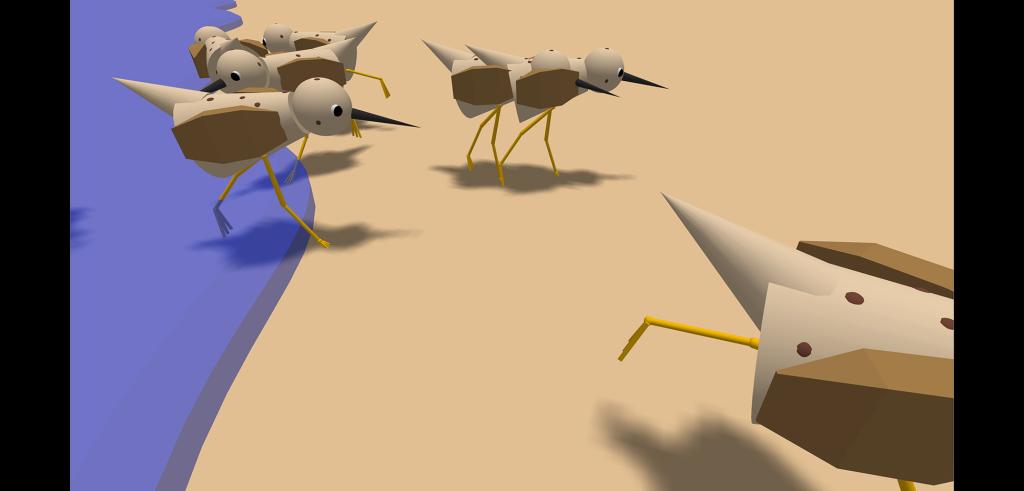 Cartoon of bright blue water and animated birds walking to and from the water on sand.